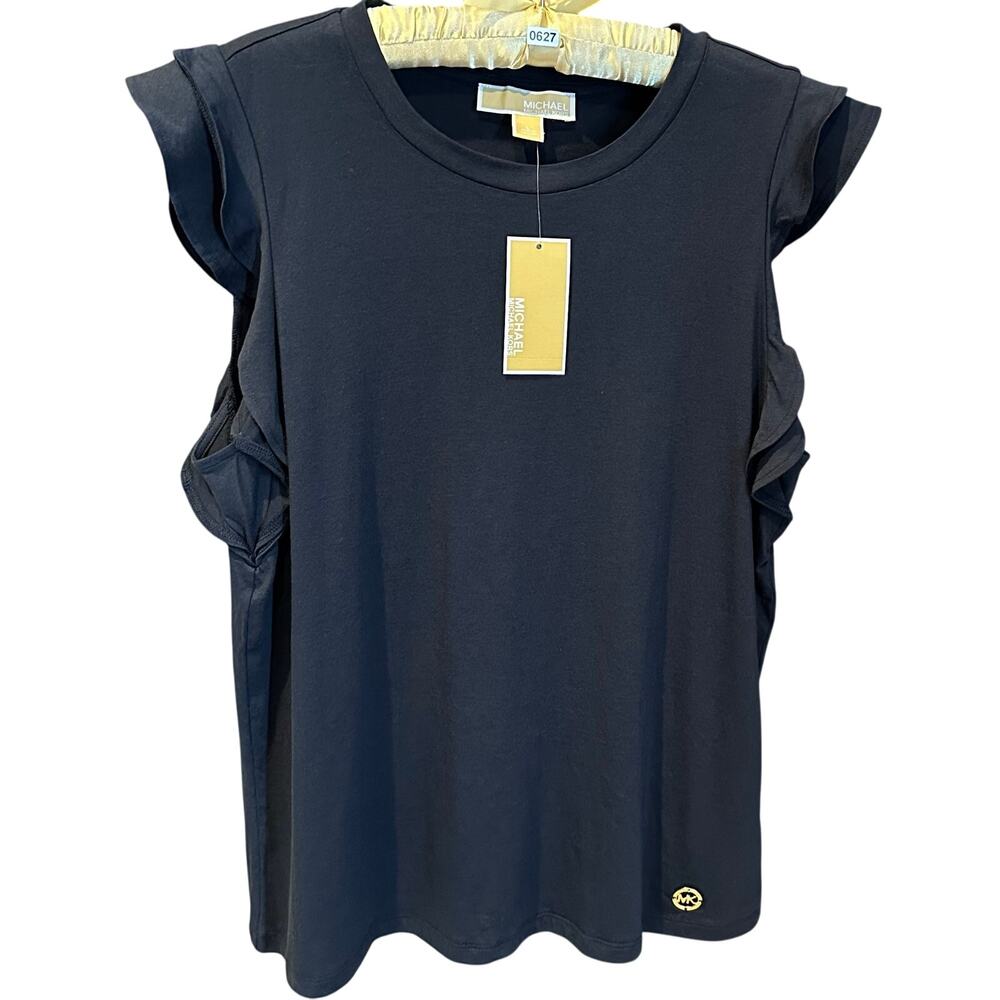 NWT, Michael Kors Women’s Size Large & XL Navy Tee w/Double Ruffle Sleeves, K627